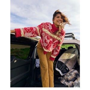 ZARA Red Pink Cream Chunky Knit Cosy Cotton Blend Jumper Oversized Small